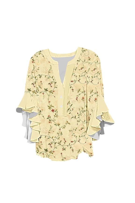 Women's Casual Boho Floral Print Tops Loose V Neck 3/4 Wave Bell Sleeve Flowy Shirts Summer Blouses for Women