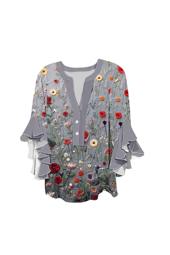Women's Casual Boho Floral Print Tops Loose V Neck 3/4 Wave Bell Sleeve Flowy Shirts Summer Blouses for Women
