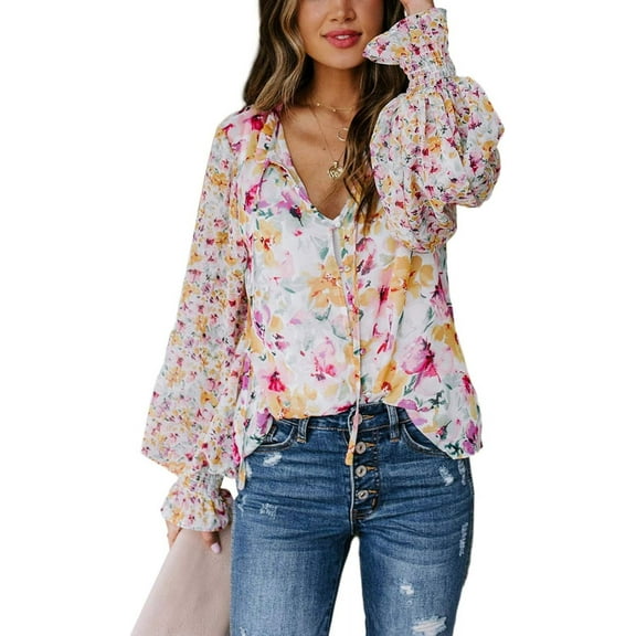 Women's Casual Boho Floral Print V Neck Long Sleeve Drawstring Tops Loose Blouses Button Down Shirts