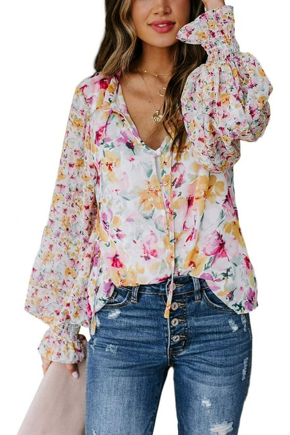 Women's Casual Boho Floral Print V Neck Long Sleeve Drawstring Tops Loose Blouses Button Down Shirts
