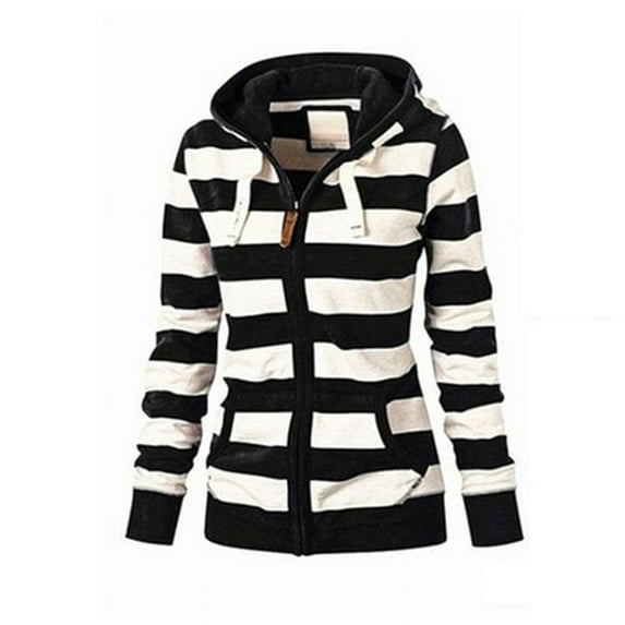 Women's Striped Casual Hooded Winter Jumper Sweater Top Jacket Coat