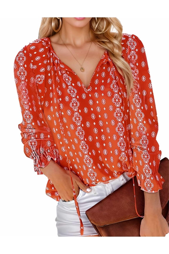 Women's Casual Boho Floral Printed V Neck Tops Long Sleeve Blouses