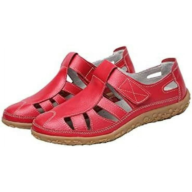 Women's Casual Boho Gladiator Sandals, Summer Leather Comfort Soft Sole Closed Toe hook and loop fastener Ankle Strap Beach Shoes