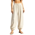 thumbnail image 1 of Women's Casual Boho Lantern Pants Elastic High Waist Wide Leg Harem Trousers with Pockets Lightweight Linen Blend Summer Lounge Pants Beige, 1 of 7