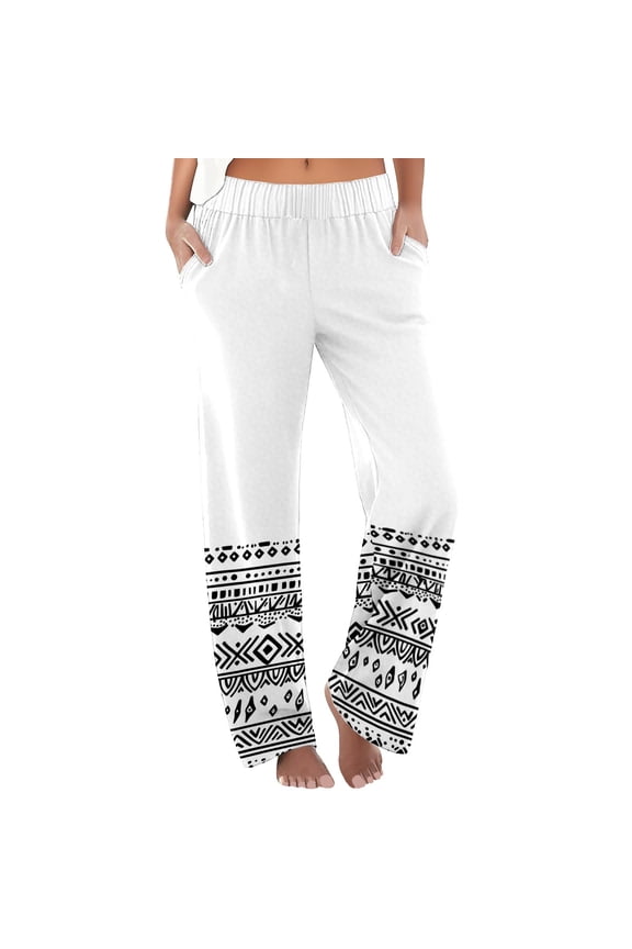 Women's Casual Boho Pants High Waisted Floral Print Loose Beach Trousers Elastic Waist with Pockets Comfortable Summer Yoga Harem