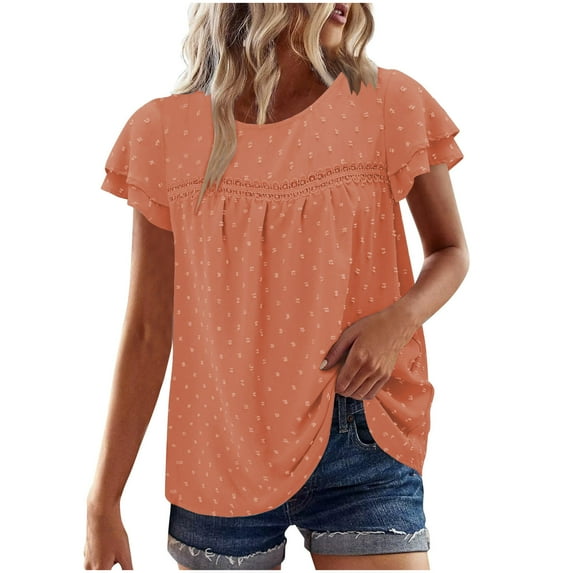 Women's Casual Boho Tops Lace Crew Neck Ruffle Sleeve Shirts Summer Pleated Flowy Loose Fit Cute Basic Blouses (3XL, Orange)