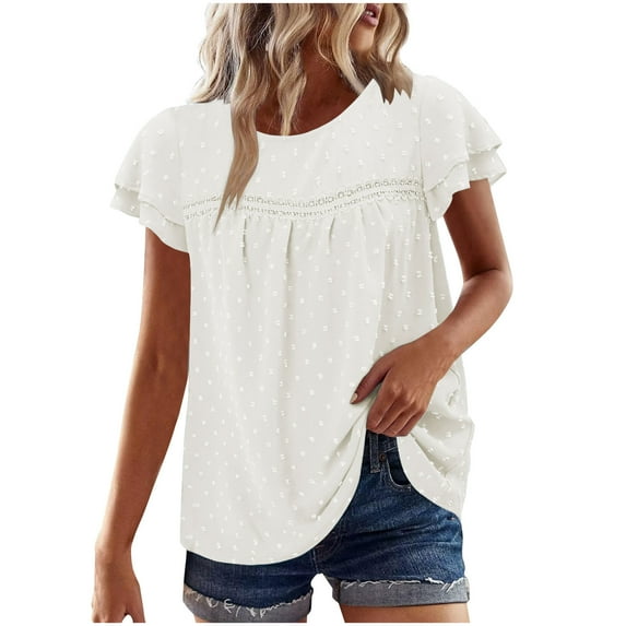 Women's Casual Boho Tops Lace Crew Neck Ruffle Sleeve Shirts Summer Pleated Flowy Loose Fit Cute Basic Blouses (XL, White)