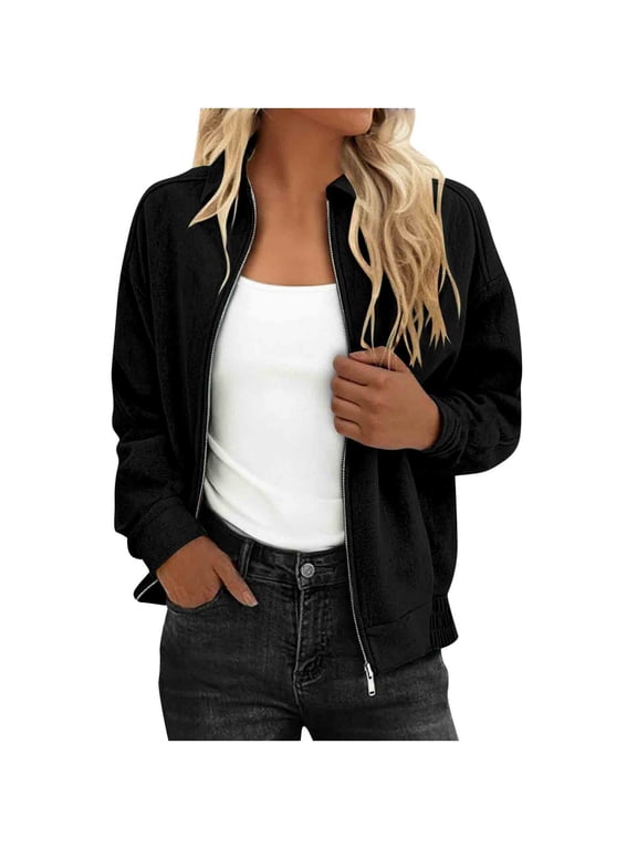 Women's Casual Bomber Jacket Full Zip Up Lapel Long Sleeve Fall Coat Turndown Collar Cropped Shackets with Pockets (2XL, Black)