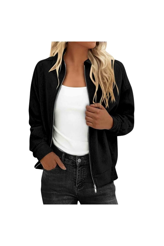 Women's Casual Bomber Jacket Full Zip Up Lapel Long Sleeve Fall Coat Turndown Collar Cropped Shackets with Pockets (M, Black)