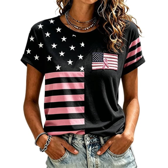 Women's Casual Breast Cancer Awareness T-Shirt, Pink Ribbon American Flag Graphic Tee, Women's Crew Neck Short Sleeve Printed T-Shirt for Daily Wear, October Campaign Support Black L
