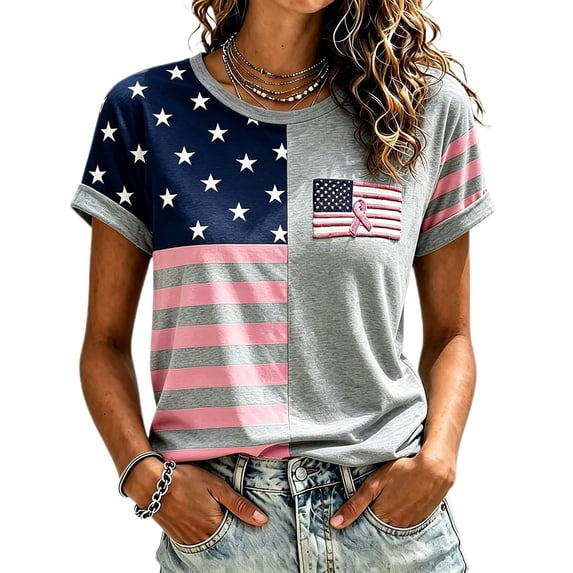 Women's Casual Breast Cancer Awareness T-Shirt, Pink Ribbon American Flag Graphic Tee, Women's Crew Neck Short Sleeve Printed T-Shirt for Daily Wear, October Campaign Support Grey M