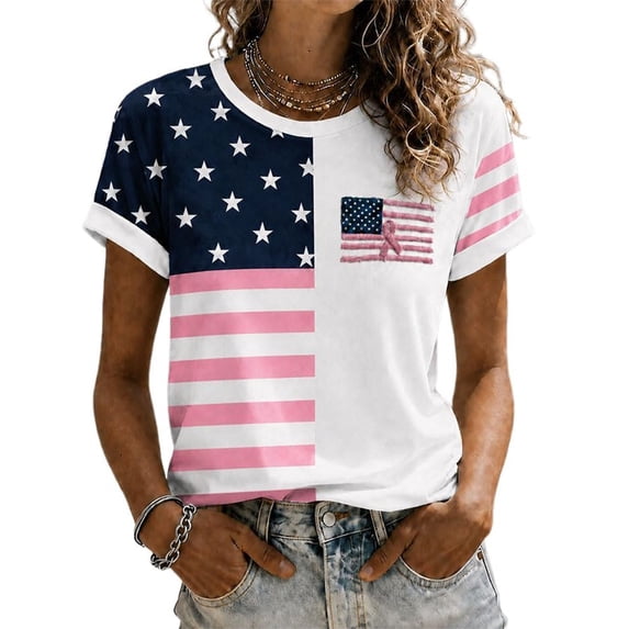 Women's Casual Breast Cancer Awareness T-Shirt, Pink Ribbon American Flag Graphic Tee, Women's Crew Neck Short Sleeve Printed T-Shirt for Daily Wear, October Campaign Support White XL