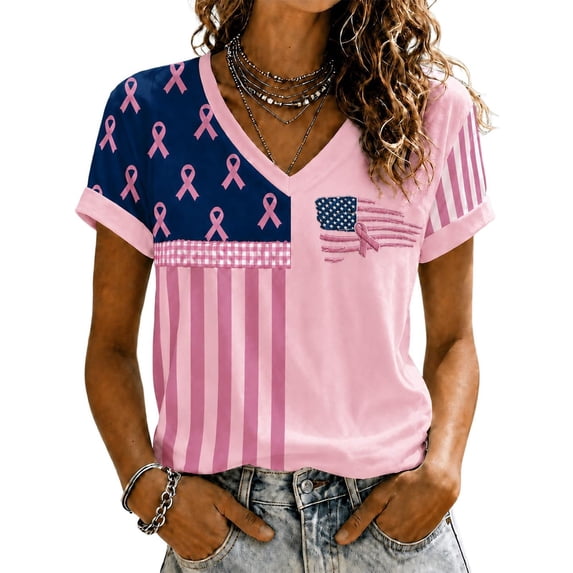 Women's Casual Breast Cancer Awareness T-Shirt, Pink Ribbon American Flag Graphic Tee, Women's Crew Neck Short Sleeve Printed T-Shirt for Daily Wear, October Campaign Support Pink XXXL