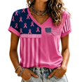 thumbnail image 1 of Women's Casual Breast Cancer Awareness T-Shirt, Pink Ribbon American Flag Graphic Tee, Women's Crew Neck Short Sleeve Printed T-Shirt for Daily Wear, October Campaign Support Hot Pink XL, 1 of 4