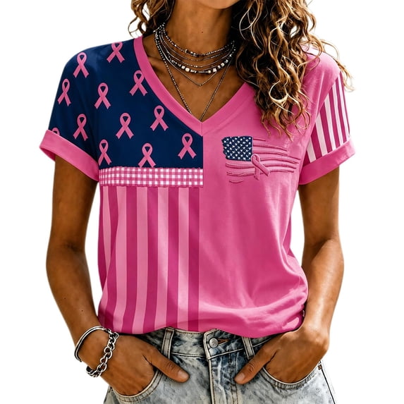 Women's Casual Breast Cancer Awareness T-Shirt, Pink Ribbon American Flag Graphic Tee, Women's Crew Neck Short Sleeve Printed T-Shirt for Daily Wear, October Campaign Support Hot Pink XL