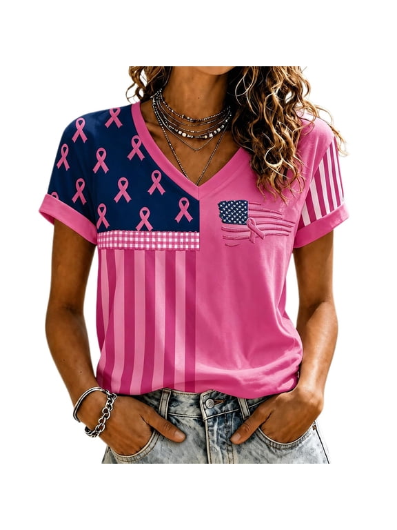 Women's Casual Breast Cancer Awareness T-Shirt, Pink Ribbon American Flag Graphic Tee, Women's Crew Neck Short Sleeve Printed T-Shirt for Daily Wear, October Campaign Support Hot Pink XXXXXL