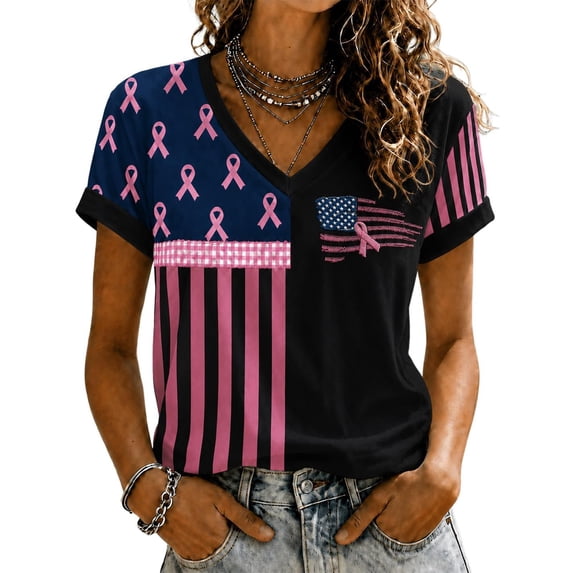 Women's Casual Breast Cancer Awareness T-Shirt, Pink Ribbon American Flag Graphic Tee, Women's Crew Neck Short Sleeve Printed T-Shirt for Daily Wear, October Campaign Support Black L