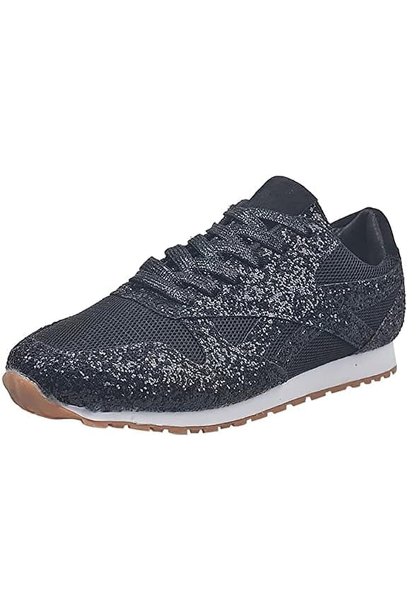 Women's Casual Breathable Crystal Bling Lace Up Sport Shoes Sneakers Glitter Tennis Sneakers Comfy Sparkly Rhinestone Bling Running Shoes Shiny Sequin Flat Heel Shoes