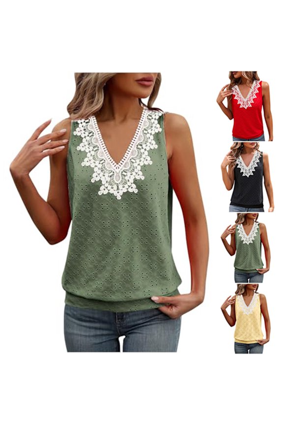 Women's Casual Breathable V-Neck Lace Sleeveless Top Black L