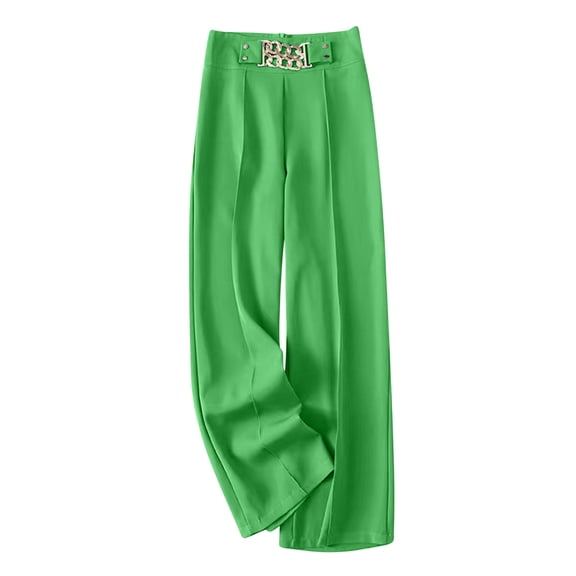 Women's Casual Business Pants High Waist Wide Leg Solid Color Deco Metal Chain Comfy Lightweight Suit Pants