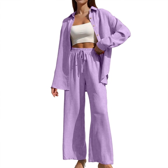Women's Casual Button Down Cardigan Wide Leg Pants Suit Set Long Sleeve Loose Fit Trousers Outfit Stylish Comfortable Two Piece Ensemble two piece pajama set for women