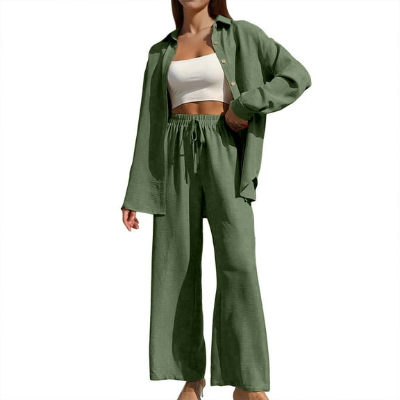 Women's Casual Button Down Cardigan Wide Leg Pants Suit Set Long Sleeve Loose Fit Trousers Outfit Stylish Comfortable Two Piece Ensemble womens lounge set