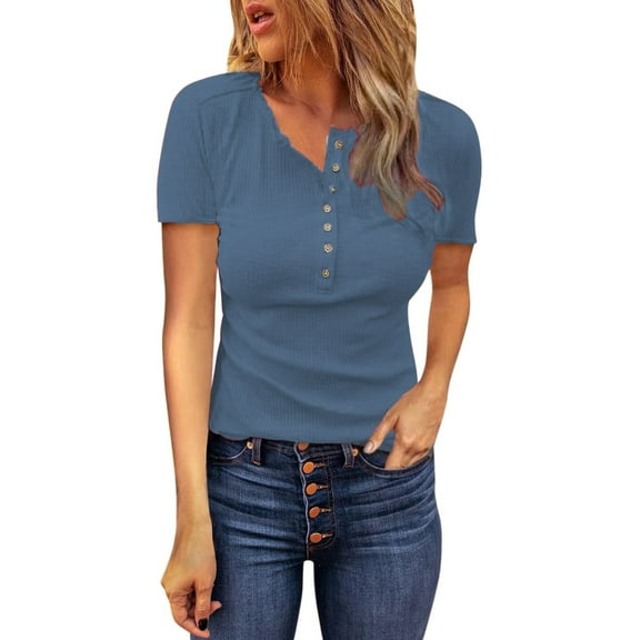 Women's Casual Button Down Blouse Short Sleeve Round Neck Summer Fashion Solid Color T-Shirt Comfortable Tops
