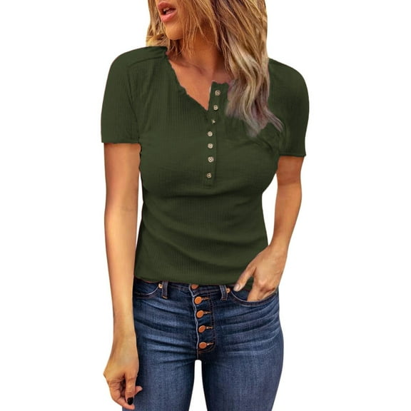 Women's Casual Button Down Blouse Short Sleeve Round Neck Summer Fashion Solid Color T-Shirt Comfortable Tops