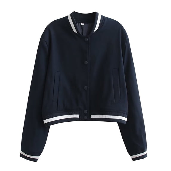 Women's Casual Button-Down Bomber Jacket with Pockets, Long Sleeve Stand-Up Collar Flight Coat, Lightweight Polyester Spring Outerwear for Weekend Getaways and City Street Style