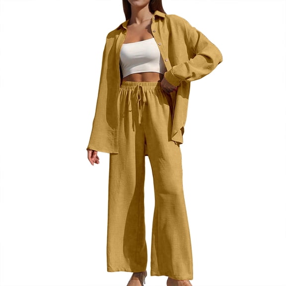 Women's Casual Button Down Cardigan Wide Leg Pants Suit Set Long Sleeve Loose Fit Trousers Outfit Stylish Comfortable Two Piece Ensemble sets