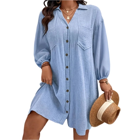 Women's Casual Button-Down Collar Cardigan Dress - Solid Color Long Sleeve - Sky Blue XL