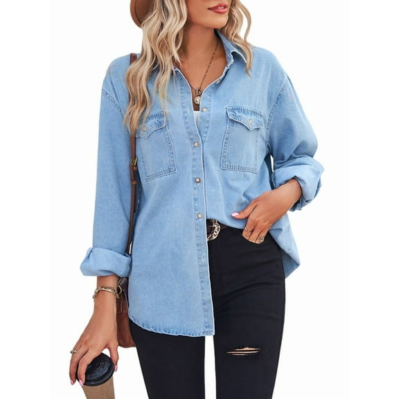 Women's Casual Button Down Denim Shirt Long Sleeve Boyfriend Oversized Jean Jacket with Pockets Light Blue L