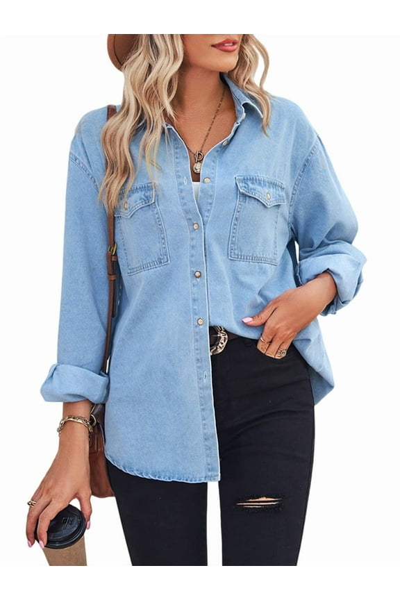 Women's Casual Button Down Denim Shirt Long Sleeve Boyfriend Oversized Jean Jacket with Pockets Light Blue XL
