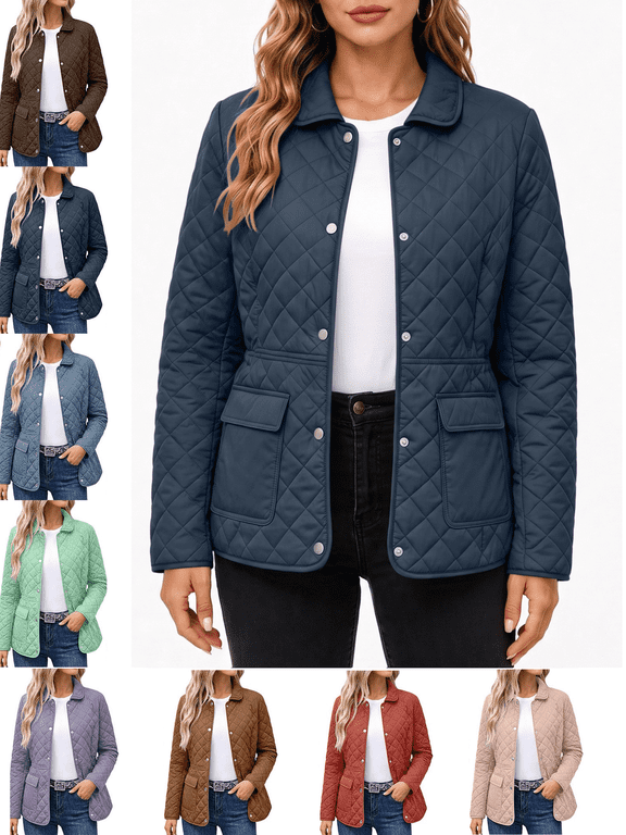 Women's Casual Button Down Diamond Puffer Jacket Long Sleeve Quilted Coat with Pockets Fall Winter Outerwear