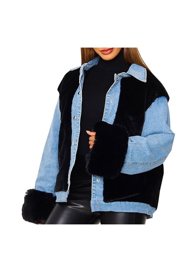 Women's Casual Button Down Fleece Denim Jacket Faux Fur Patchwork Shacket Outwear
