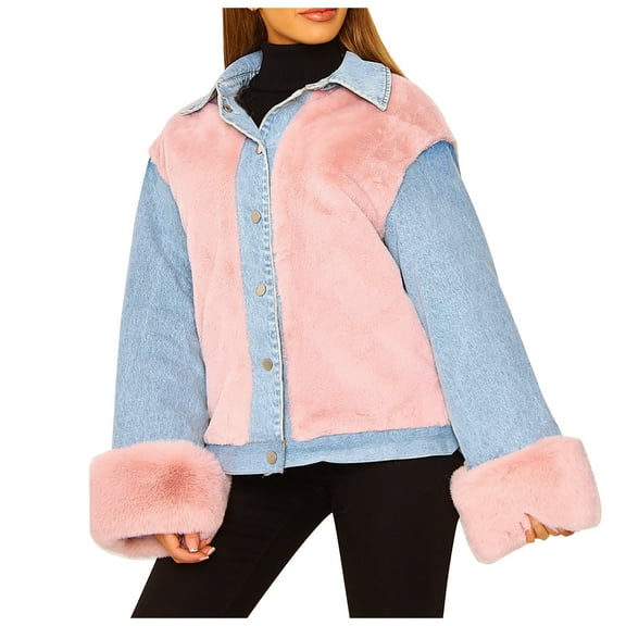 Women's Casual Button Down Fleece Denim Jacket Faux Fur Patchwork Shacket Outwear