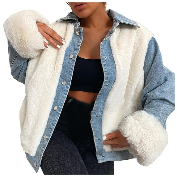 Women's Casual Button Down Fleece Denim Jacket Faux Fur Patchwork Shacket Outwear