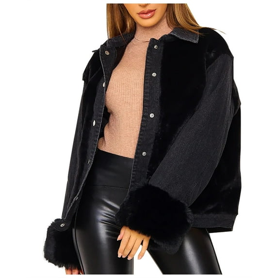Women's Casual Button Down Fleece Denim Jacket Faux Fur Patchwork Shacket Outwear