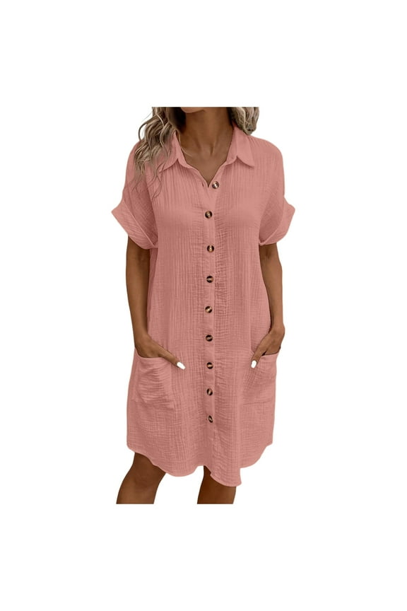 Women's Casual Button Down Shirt Dress Mid Length Loose Fit Comfortable Solid Color Short Sleeve Everyday Wear