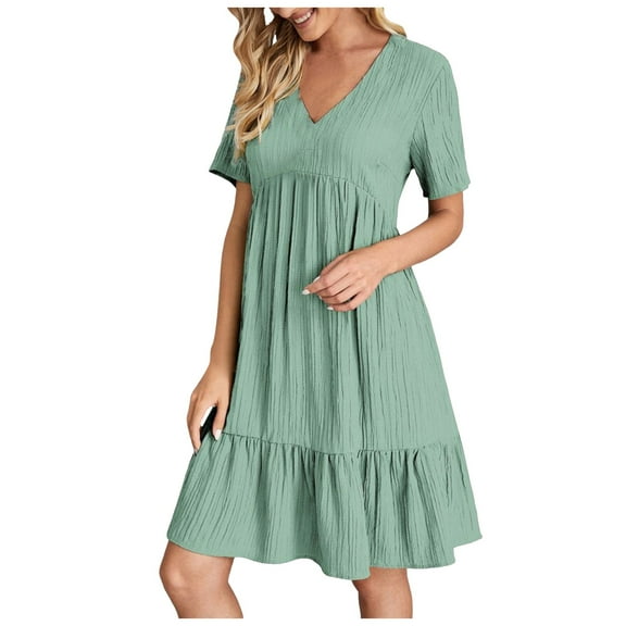 Women's Casual Button Down Shirt Dress V-Neck Short Sleeve Solid Fashion Summer Outfit