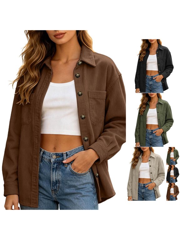 Women's Casual Button Down Shirt with Double Front Pockets Collared Blouse