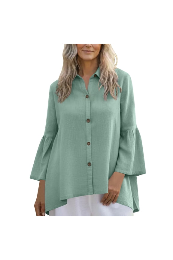 Women's Casual Button Down Shirts - 3/4 Length Bell Sleeve Loose Solid Lightweight TShirts Tops Dressy Business Blouse Spring Summer Cardigan