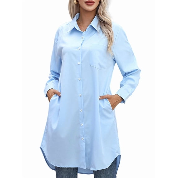 Women's Casual Button Down Shirts Long Sleeve Oversize Blouse Loose Shirt Dress with Side Pockets Blue L