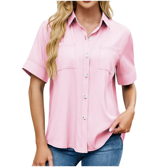 Women's Casual Button-Down Short Sleeve Shirt, Relaxed Fit Blouse with Front Pockets, Perfect for Everyday Wear