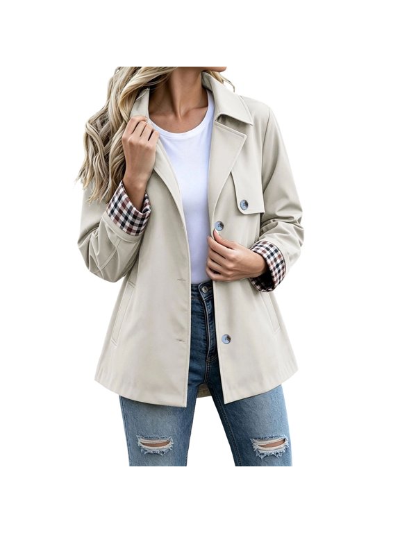 Women's Casual Button Down Trench Coat Lapel Collar Lightweight Windbreaker Jacket with Plaid Cuffs for Spring Fall Daily Wear Outings