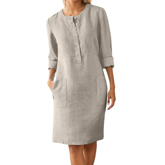 Women's Casual Button Dress Elegant Loose Fit Comfortable Linen Midi Shirt Dress with Pockets for Home Travel Spring Summer Autumn Womens Casual Trendy Midi Dresses