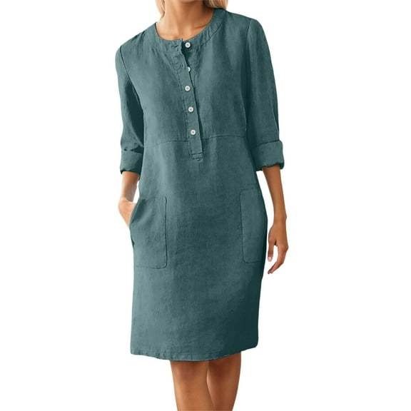 Women's Casual Button Dress Elegant Loose Fit Comfortable Linen Midi Shirt Dress with Pockets for Home Travel Spring Summer Autumn Womens Casual Trendy Midi Dresses