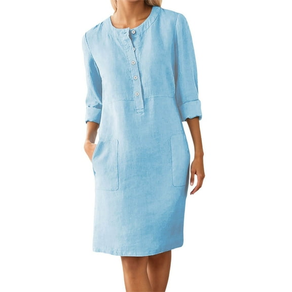 Women's Casual Button Dress Elegant Loose Fit Comfortable Linen Midi Shirt Dress with Pockets for Home Travel Spring Summer Autumn Womens Casual Trendy Midi Dresses