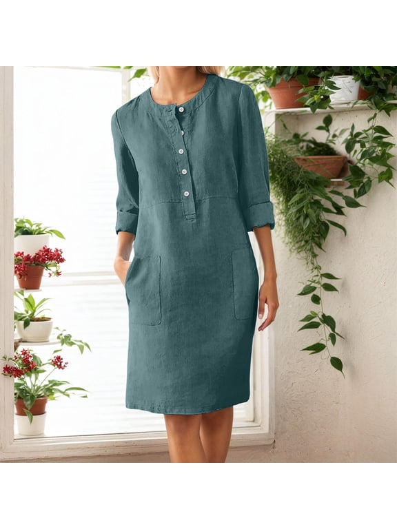 Women's Casual Button Dress With Pockets For Home And Travel Versatile Spring Summer And Autumn Surplice Dress Petite Casual Dresses for Summer Maxi Dresses Summer Ruffle Summer Dress Loose Dress for
