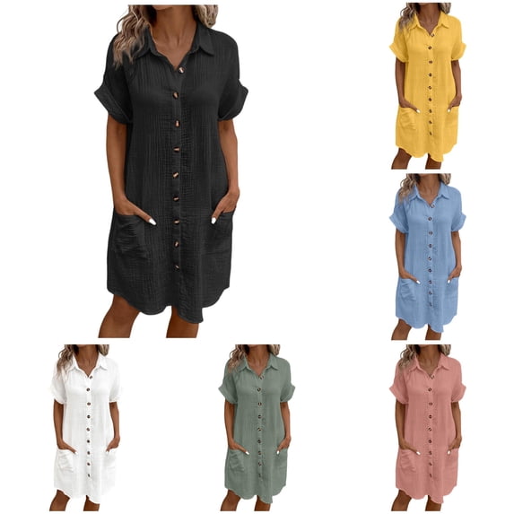 Women's Casual Button Dress, Solid Color Front, Mid Length Short Sleeve, Loose Everyday Comfort